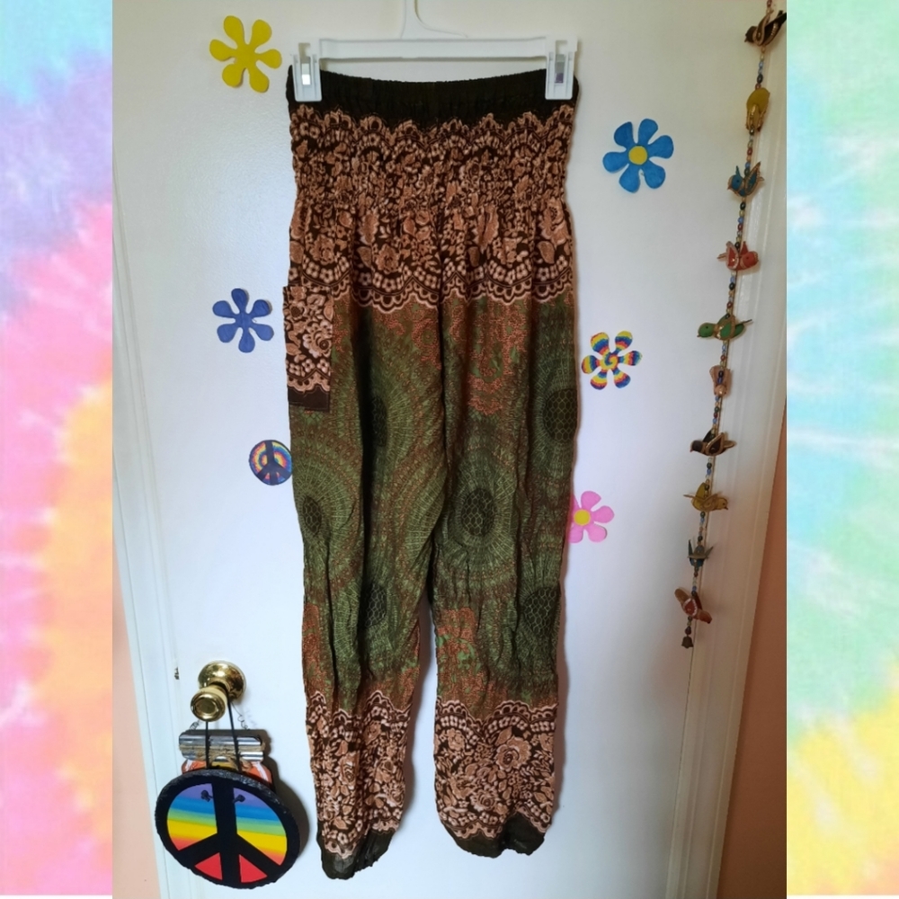 green and brown harem pants